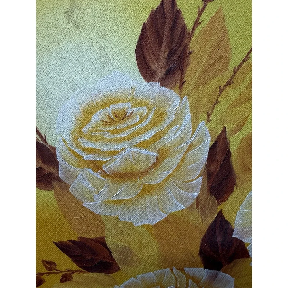 MCM Yellow Roses Oil Painting Carved Wood Frame Aged Vintage Sweet